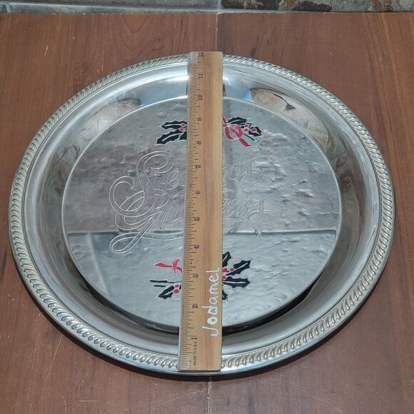 International Silver Plated Seasons Greetings Metal Serving Platter Holly Berrie - Picture 11 of 14